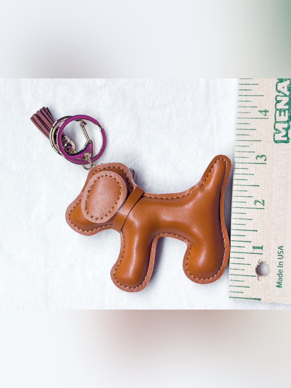 Brown Faux Leather Dog Bag Charm Keychain Tassel Purse Accessory - Picture 5 of 5